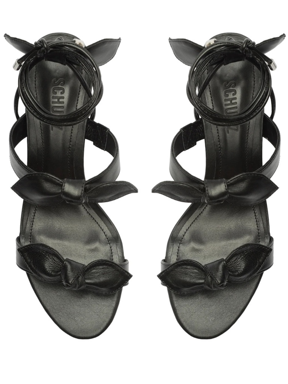 SCHUTZ Black Leather Bow-Detail Ankle Wrap Sandals